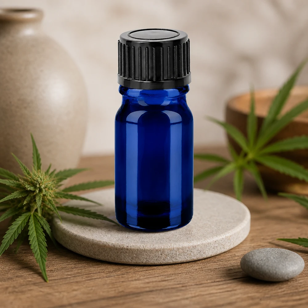 Premium blauw glazen flesje van 5 ml met zwarte schroefdop voor cosmetica en wellness