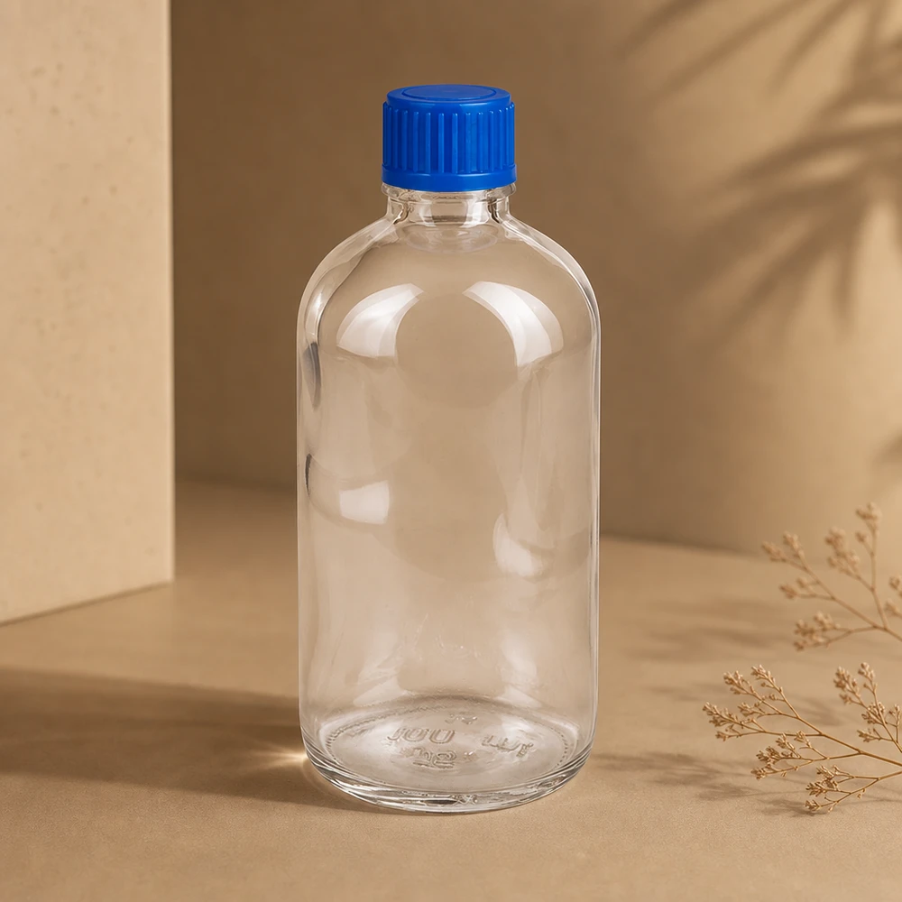 Kleine fles van helder glas 100 ml ClearLine UT18 met blauwe kunststof dop STD 11 mm SV
