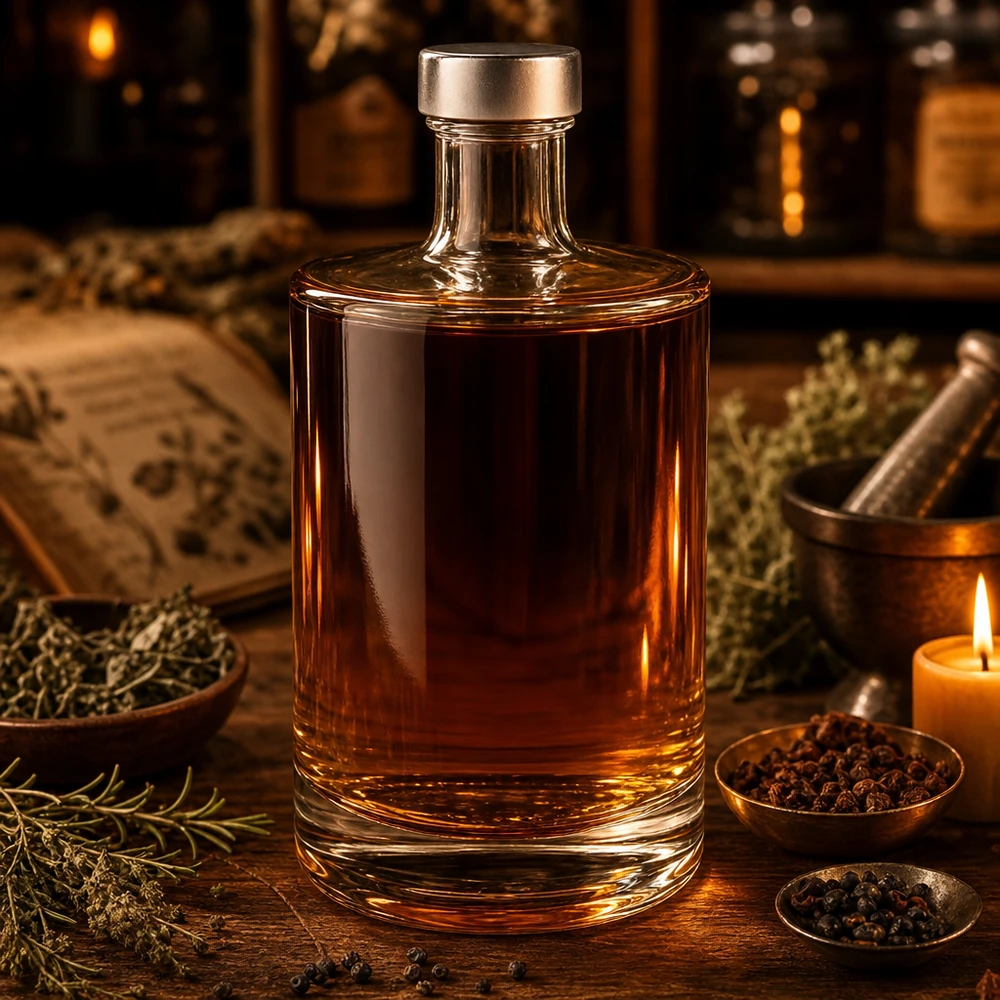 500 ml glazen fles Sam met amberkleurige inhoud tussen specerijen en kruiden apothekerssfeer