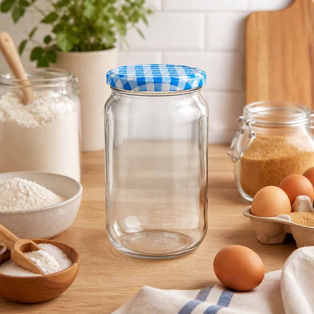 1062ml ronde pot leeg in keukenscène met bakingrediënten, blauw en wit BasicSeal deksel, veelzijdig voor bakmixen