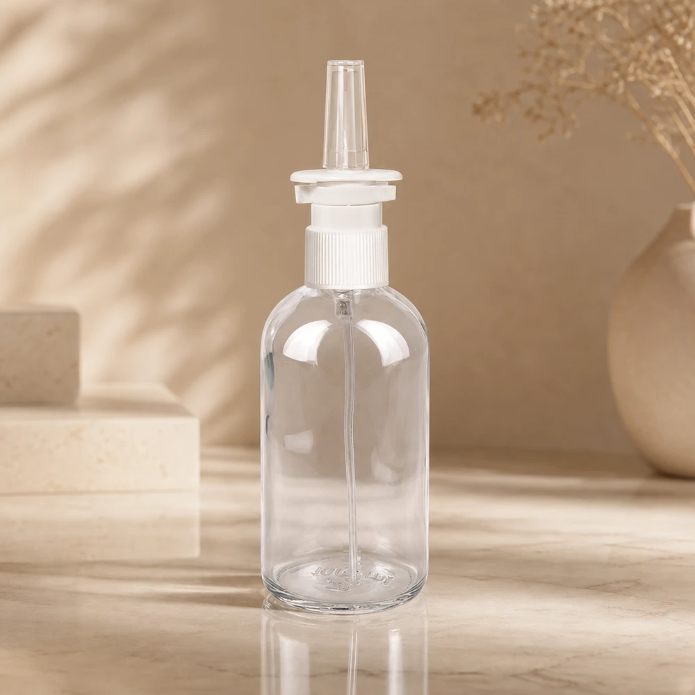 100ml neusspray flacon w./tr. STD ClearLine UT18/100 Doorzichtige ClearLine-glasfles van 100 ml met witte neusspraykop op marmer