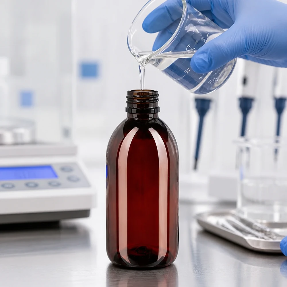 PET-fles 250 ml met zwarte spuitdop OV Handgeschützte Abfüllung in braune PET Rundflasche 250ml mit schwarzem Schraubverschluss Labor