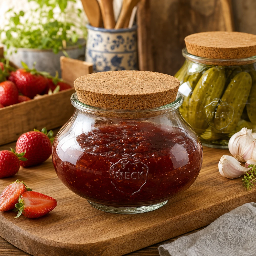 560ml juwelenglas WECK RR80 met kurk WECK voorraadpot 560ml met kurken deksel in rustieke keuken gevuld met jam naast aardbeien en augurken