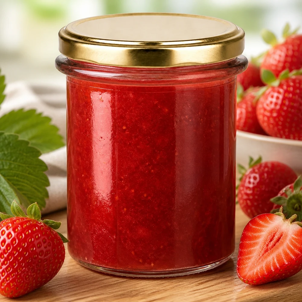 Rond glas van 214 ml + BasicSeal-deksel goud UNiTWIST Aardbeienjam in een UNiTWIST-glas van 214 ml met een luchtdichte gouden BasicSeal-sluiting