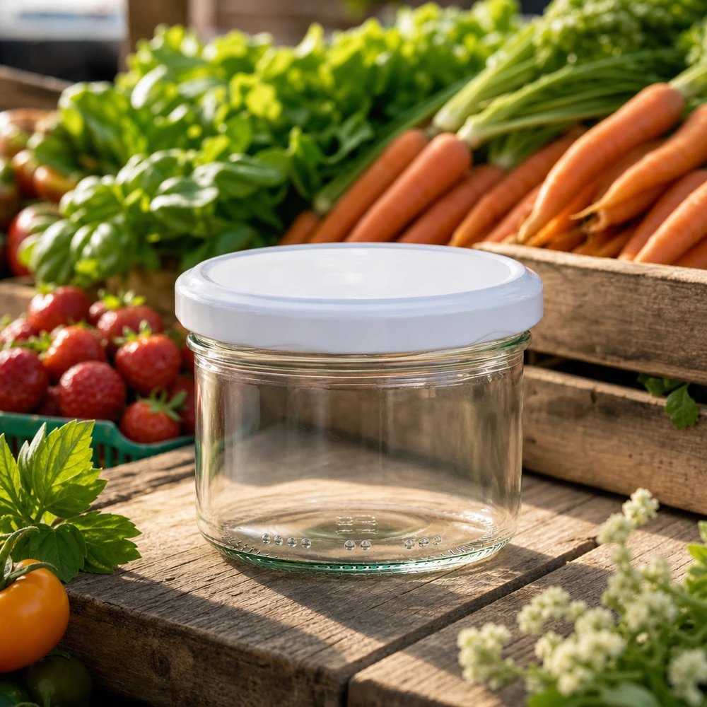 Lege cilindrische pot van 230 ml met wit BioSeal-deksel omringd door vers fruit en groenten op een houten tafel