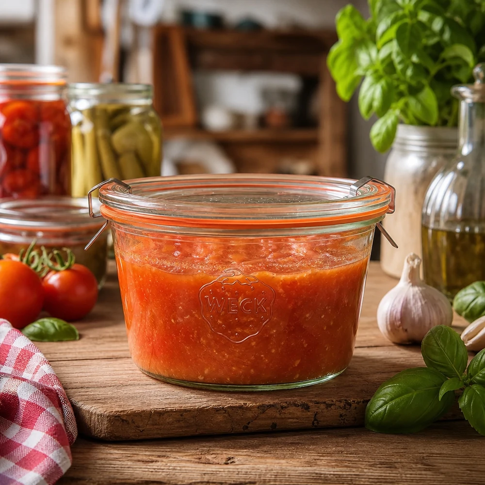 WECK RR100 bekers 370ml in rustieke keuken gevuld met tomatensaus toont praktisch gebruik voor het conserveren