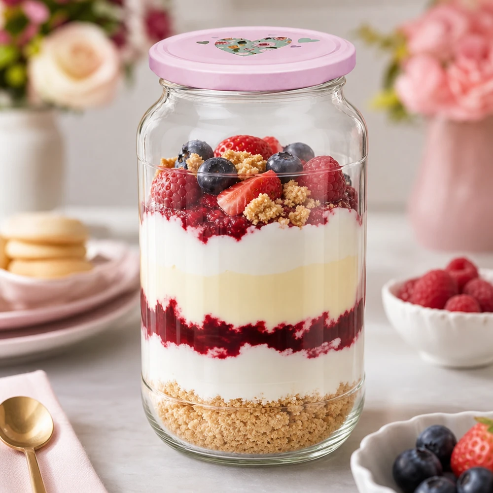 1062ml BasicSeal ronde pot roze hart deksel met gelaagde dessertbessen yoghurt als stijlvolle dessertpot op tafel