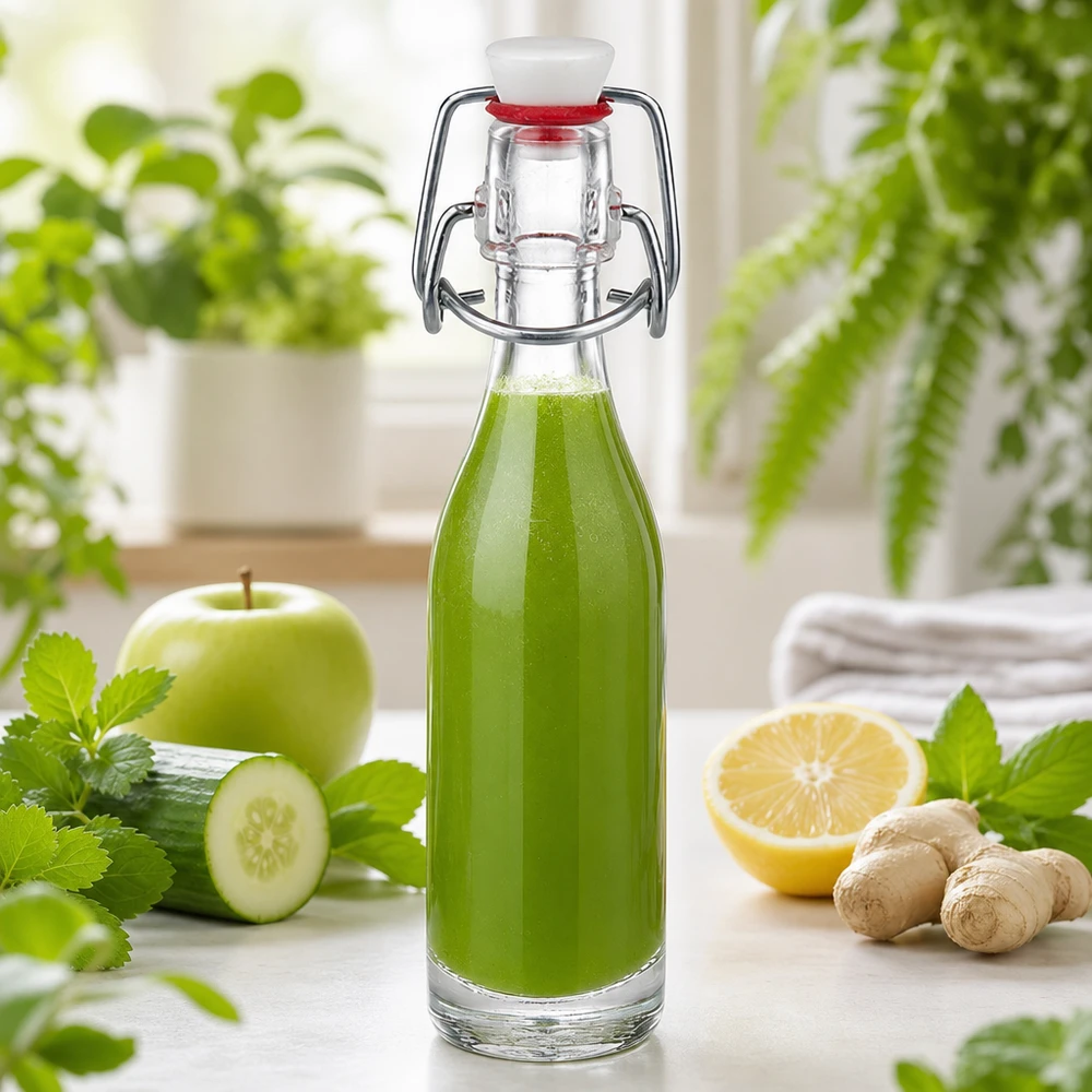 Glazen flesje 50ml + draaidop PVC UNiTWIST Glazen flesje van 50 ml UNiTWIST gevuld met groene smoothie met komkommer, appel, gember en citroen als gezonde drankoptie