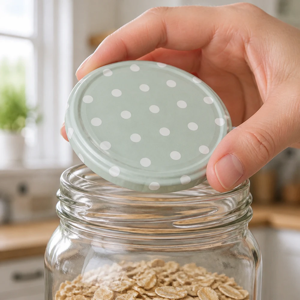 Een hand plaatst een mintkleurig schroefdeksel met stippen op een glas met havermout