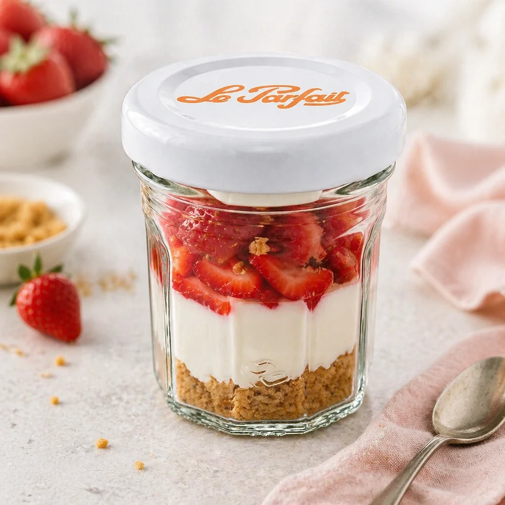 Le Parfait 44ml mini tumblers als dessertglas met aardbeien, room en biscuitbodem - veelzijdig gebruik