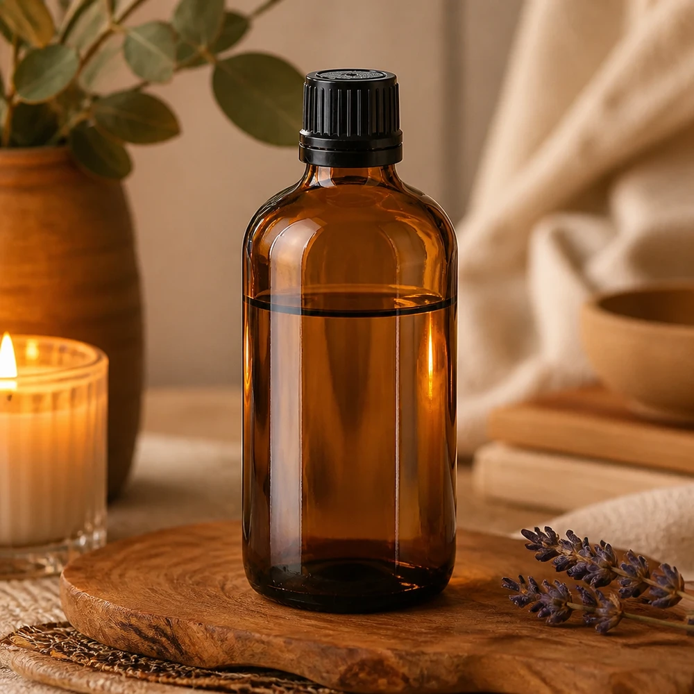 Bruine glazen fles 100ml met zwart schroefsluiting uitgietring VR OV-fles van 100 ml van apothekersglas met een opening van 8 mm, in een wellness-omgeving met natuurlijke decoratie