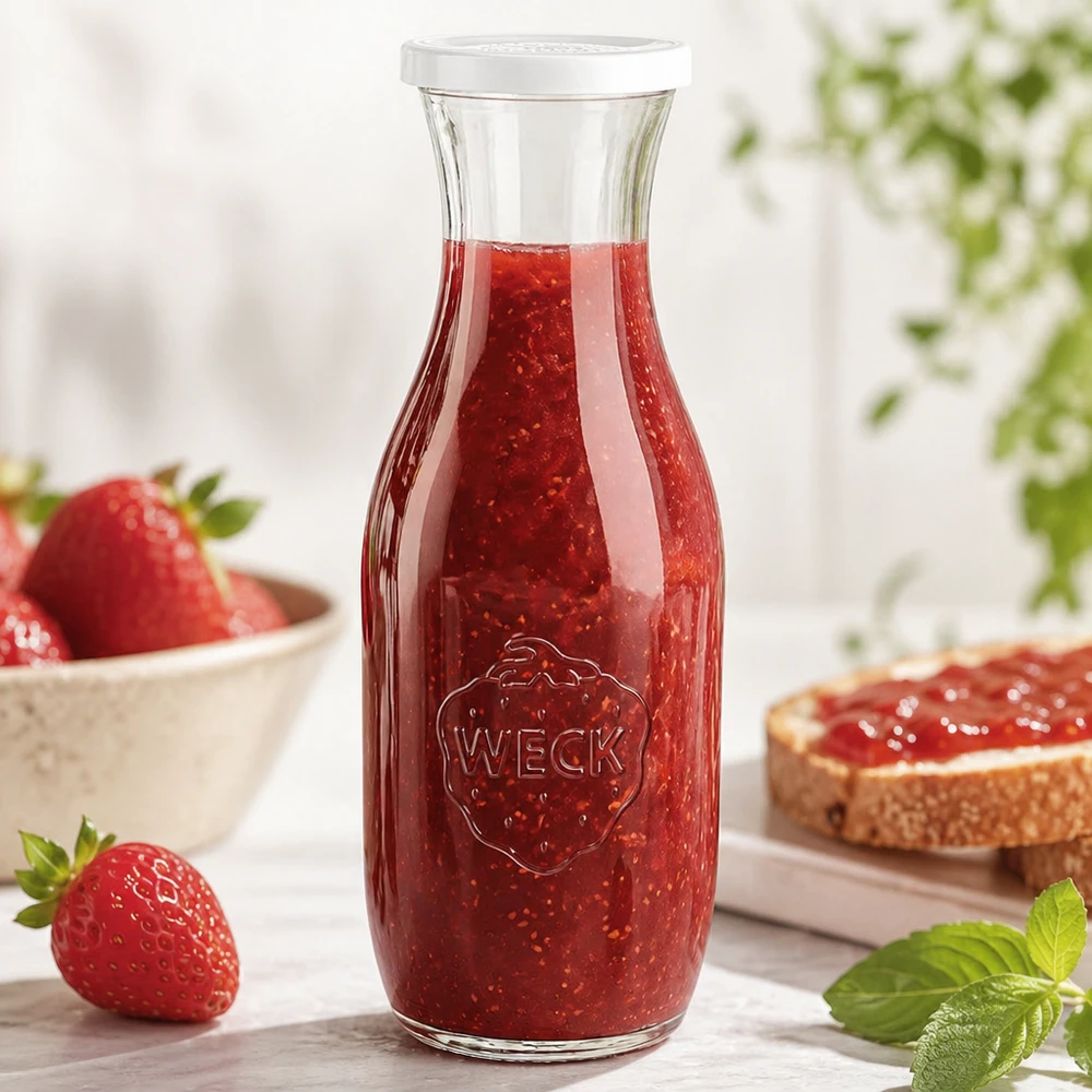 WECK glazen fles 1062ml gevuld met aardbeienjam naast verse aardbeien en brood met beleg