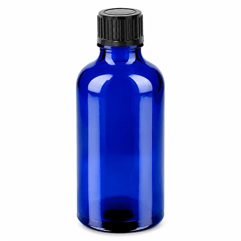 50ml fles 11mm SV zwart STD BlueLine UT18/50 50ml BlueLine glazen fles UV-bescherming kobaltblauw met zwarte schroefdop