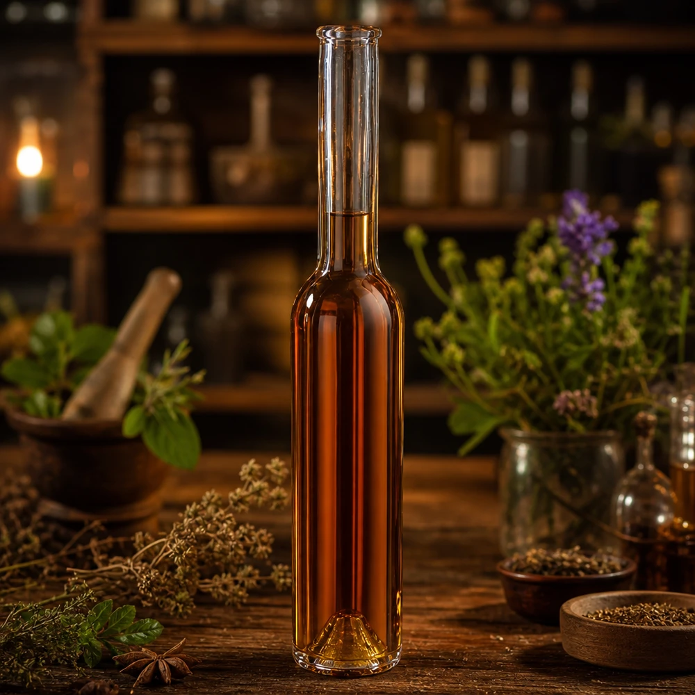 200ml glazen fles Hugo bruin gevuld kruidenlikeur apothekersfles kruiden medicinale kruiden vintage sfeer