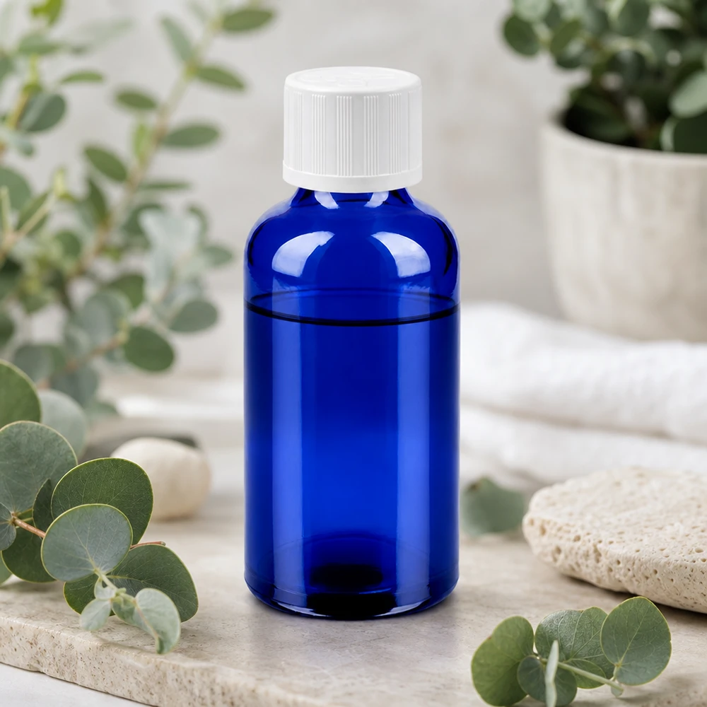 Robuuste glazen fles van 50 ml met kindveilige dop, ideaal voor commerciële toepassingen