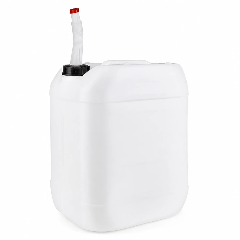 20l Jerrycan, UN-toelating, met aftapkraan flex Stevige industriële jerrycan van 20 liter met zwarte schroefdop en flexibele schenktuit