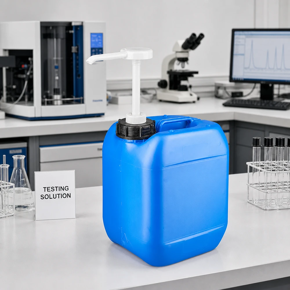 Canister 5 liter blauw met doseerpomp Blauwe afgiftekan van 5 liter met handpomp voor nauwkeurige dosering van chemicaliën in het analyselaboratorium
