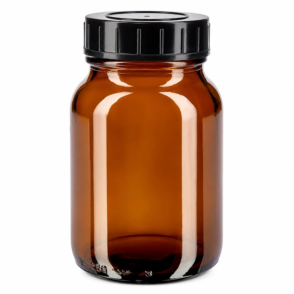 Fles met wijde hals 250 ml bruin glas met schroefdeksel Amberglazen fles met wijde hals van 250 ml met zwarte schroefdop voor veilig bewaren