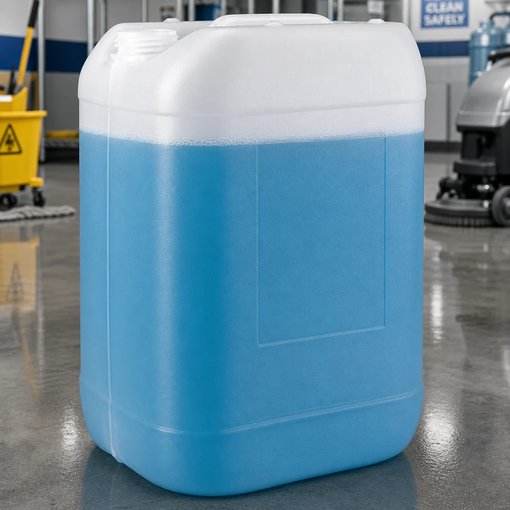 25l jerrycan, UN-toelating, zonder schroefsluiting Industriële jerrycan van 25 liter zonder dop op een betonnen vloer naast een gele schoonmaakwagen