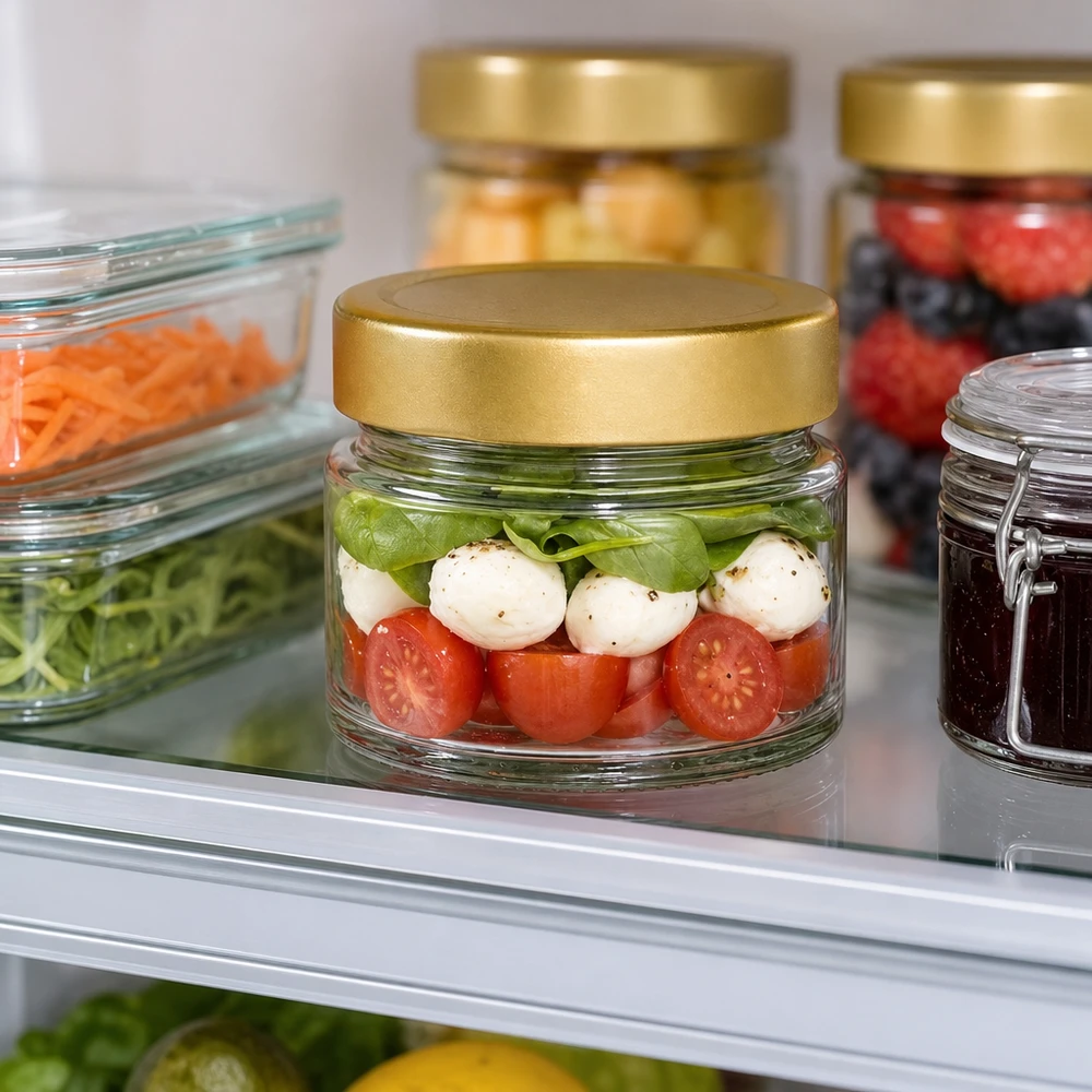 Caprese-Salat im 80ml Rundglas mit goldenem Deckel im Kühlschrank - praktische Aufbewahrung für Meal Prep