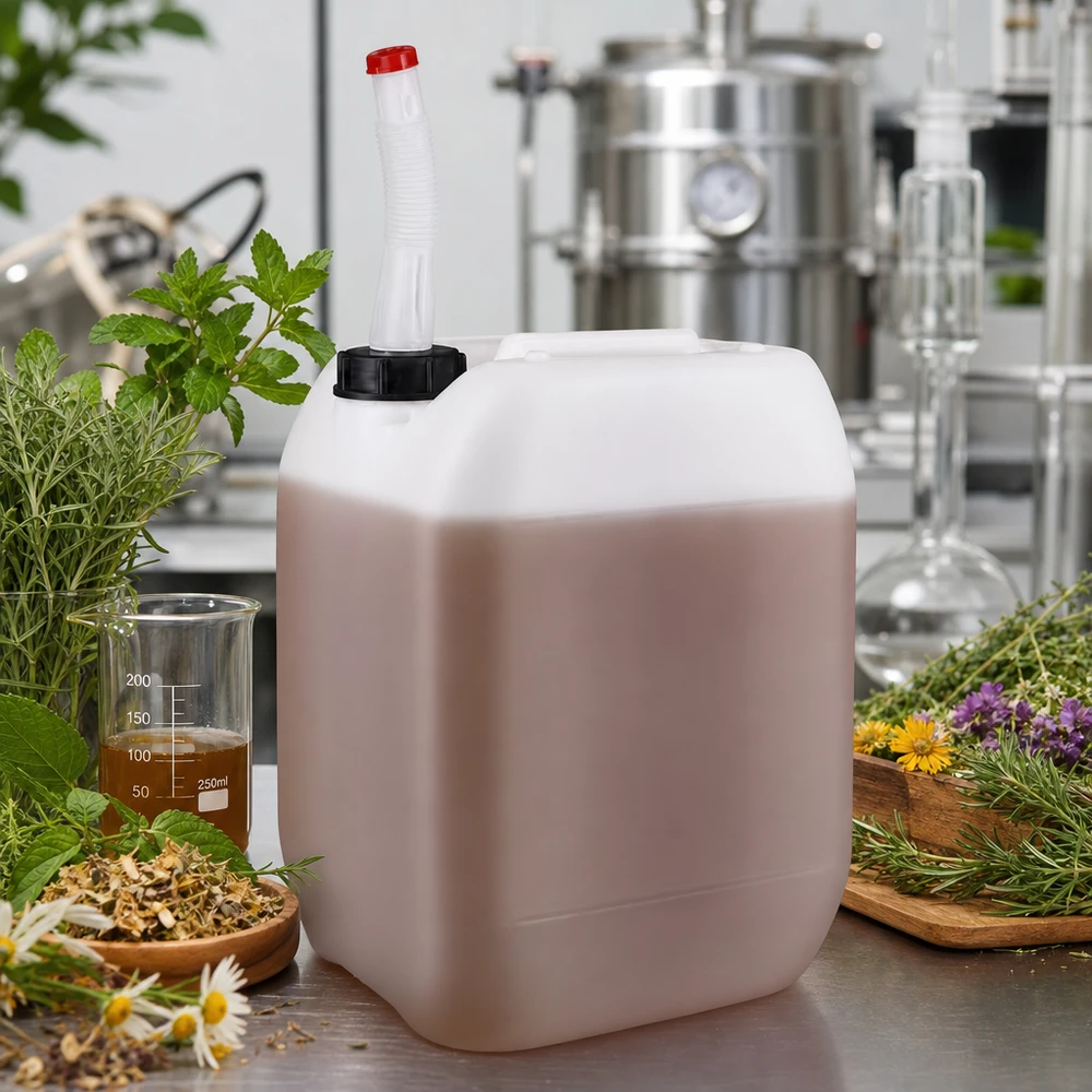 Vuljerrycan van 10 liter met flexibele uitloop naast een distilleerinstallatie en geneeskrachtige kruiden