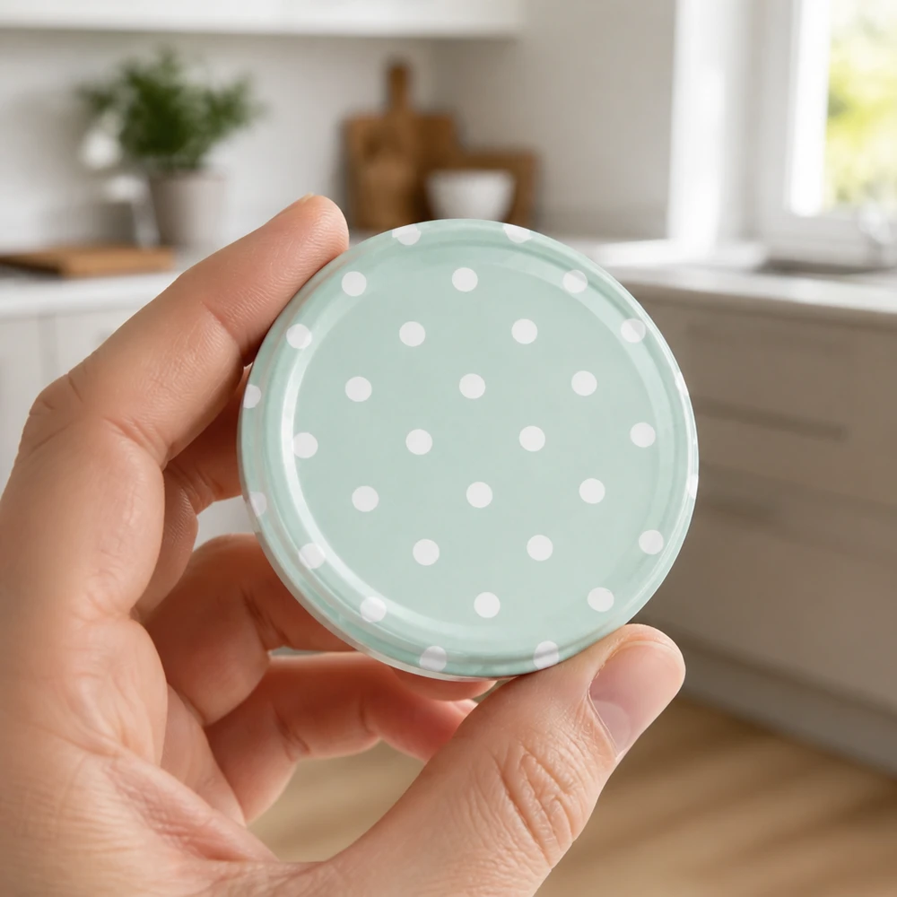 63 mm BasicSeal-deksel, stippen, mint, mat (TO63) UNiTWIST BasicSeal 63 mm deksel, mintkleurig, mat, stippenpatroon – Vergelijking van de afmetingen met de hand