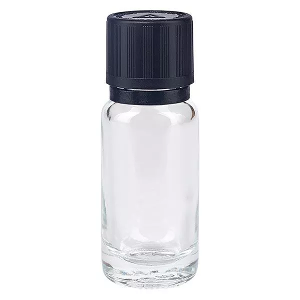Helder glazen flessen 10ml met zwart druppelsluiting 1mm kinderslot Bliwa VR Helder glazen flessen 10ml met zwart druppelsluiting 1mm kinderslot Bliwa VR