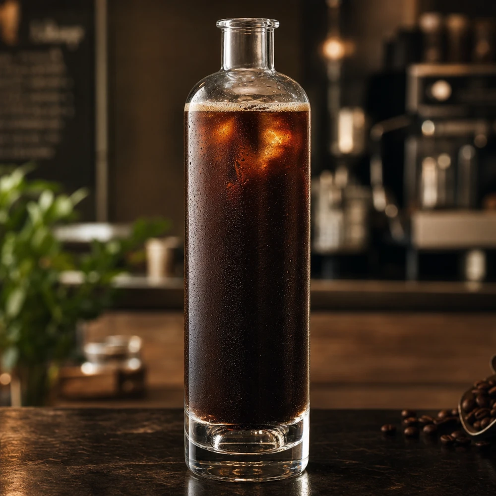 500 ml glazen fles Ella zonder sluiting UNiTWIST® 500 ml glazen fles Ella gevuld met cold brew koffie in keuken cilindrische vorm zonder dop UNiTWIST toepassingsvoorbeeld