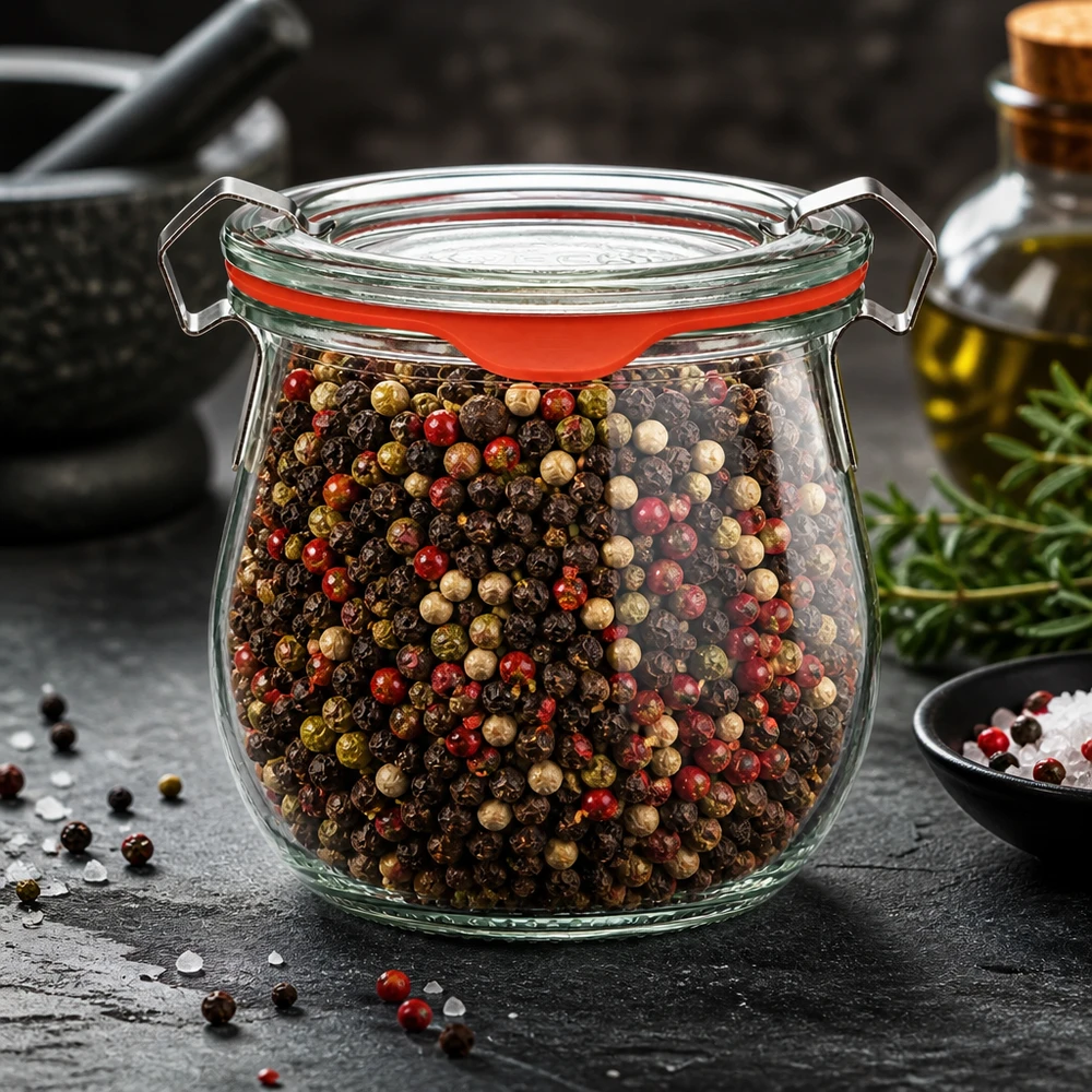 WECK-glas 220 ml in tulpvorm met Rainbow Peppercorns-kruidenpotje met deksel en klemvergrendeling