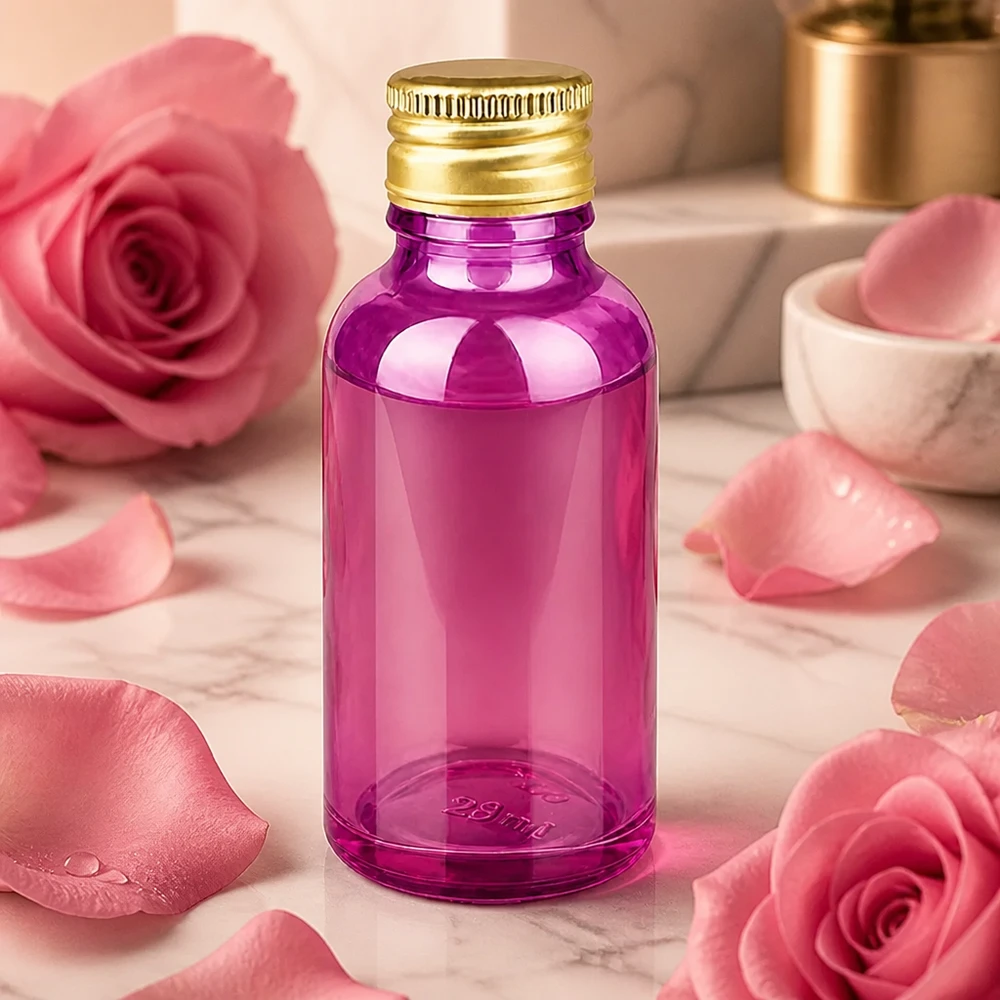 30ml flacon 11mm schroefdop aluminium gouden standaard PurpleLine. UT18/30 Klein paars flesje van 30 ml met 11 mm opening en gouden aluminium deksel voor natuurlijke cosmetica