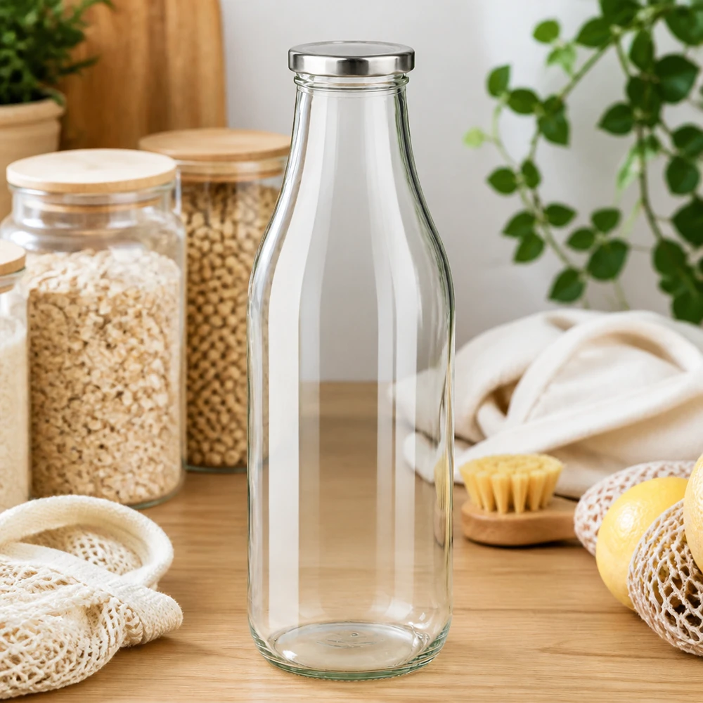 1000ml BasicSeal zilveren glazen fles op een houten tafel met duurzame keukenaccessoires en planten Zero waste lifestyle