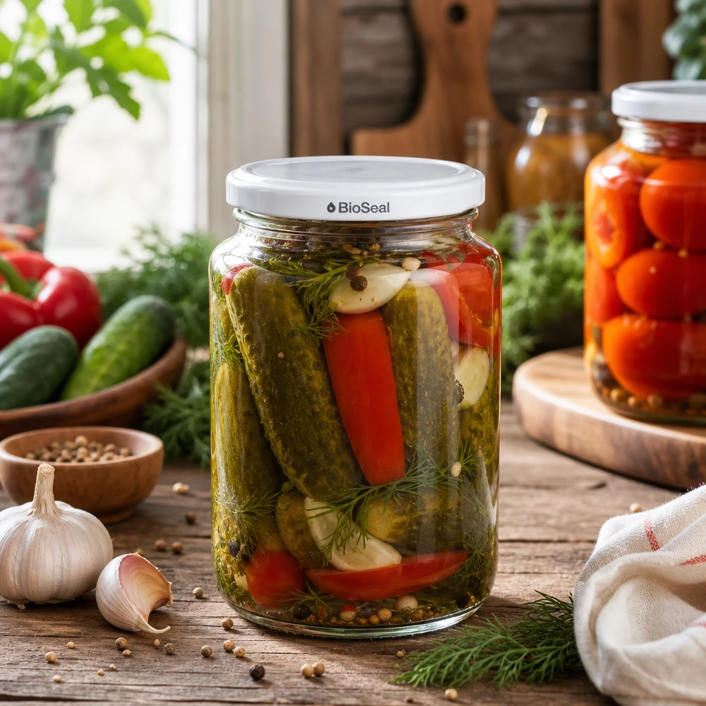 382ml rond glas met BioSeal deksel wit UNiTWIST UNiTWIST Runda382 Einmachglas in rustikaler Küchenszene - Mixed Pickles mit Dill und Paprika in BioSeal Glas