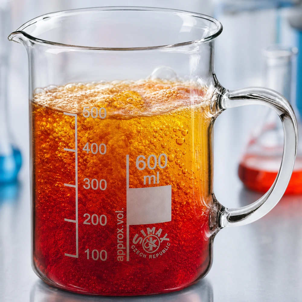 Becherglas van 600 ml met bruisende oranjerode vloeistof en zichtbare belletjesvorming