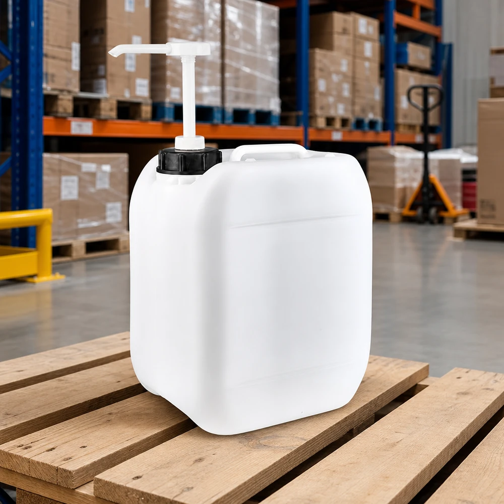 Rechthoekige witte jerrycan met ingebouwde doseerpomp voor het hygiënisch afnemen van vloeistoffen