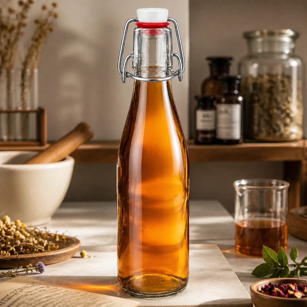 250ml glazen fles met draaidop gevuld met amberkleurige vloeistof in rustieke keuken met kruiden