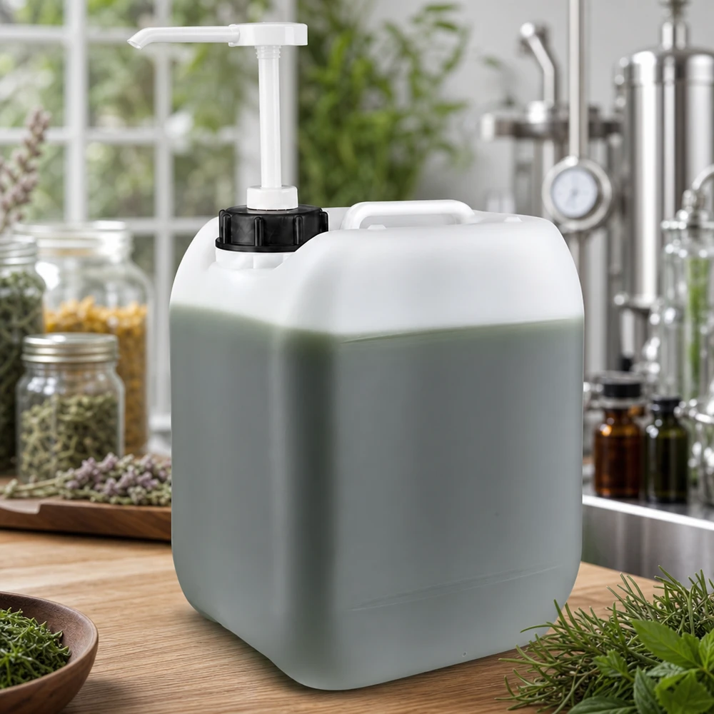 Voedselveilige jerrycan van 5 liter met zwarte schroefdop en witte pomp in het kruidenlaboratorium