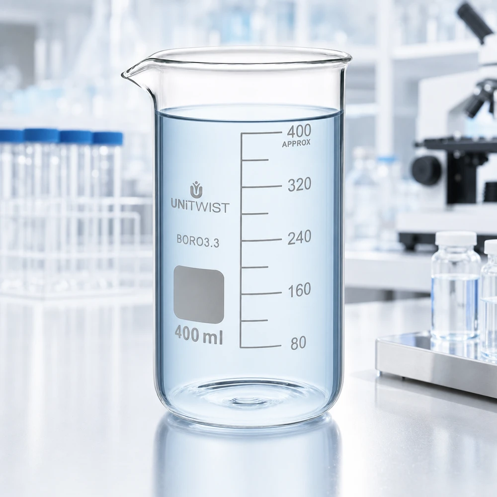Borosilicaatglas bekerglas van 400 ml, hoog model, gevuld met helder water op een wit laboratoriumwerkblad