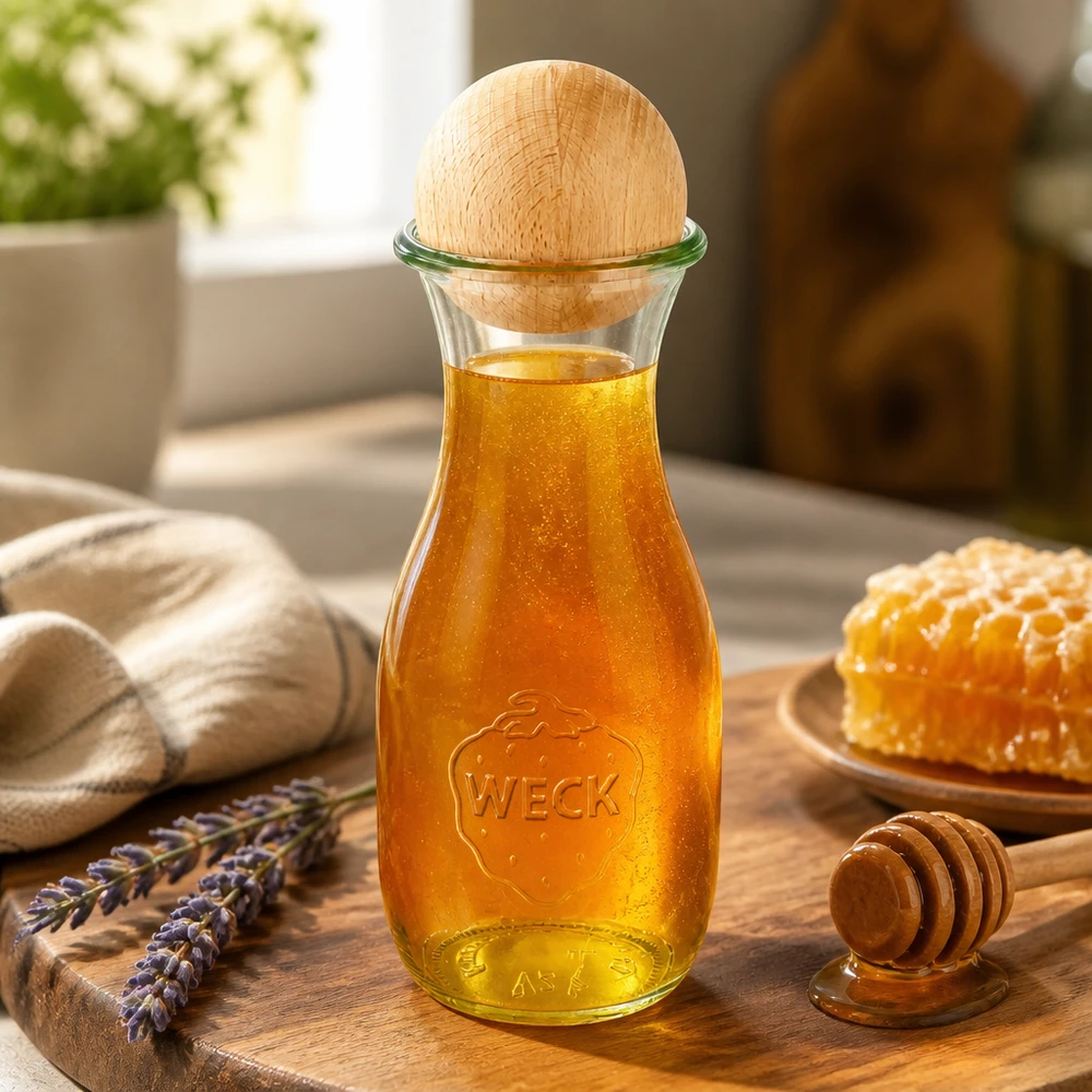 530ml WECK glazen fles gevuld met honing en beukenhouten bol op houten plank gedecoreerd met honingraat en lavendel