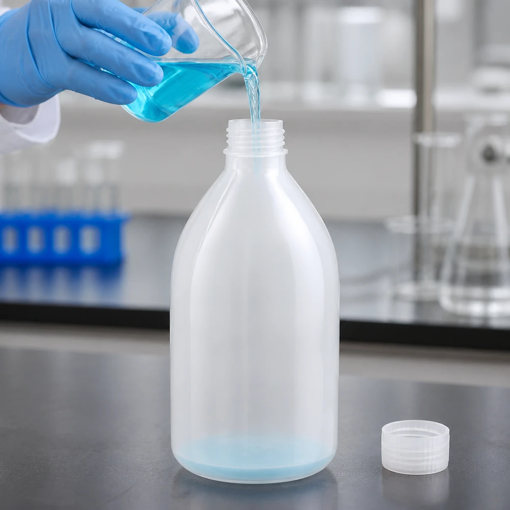 Nauwe hals laboratoriumfles 1000ml zonder sluiting Een fles met smalle hals van 1000 ml met een turkooisblauwe oplossing wordt in het chemisch laboratorium gevuld
