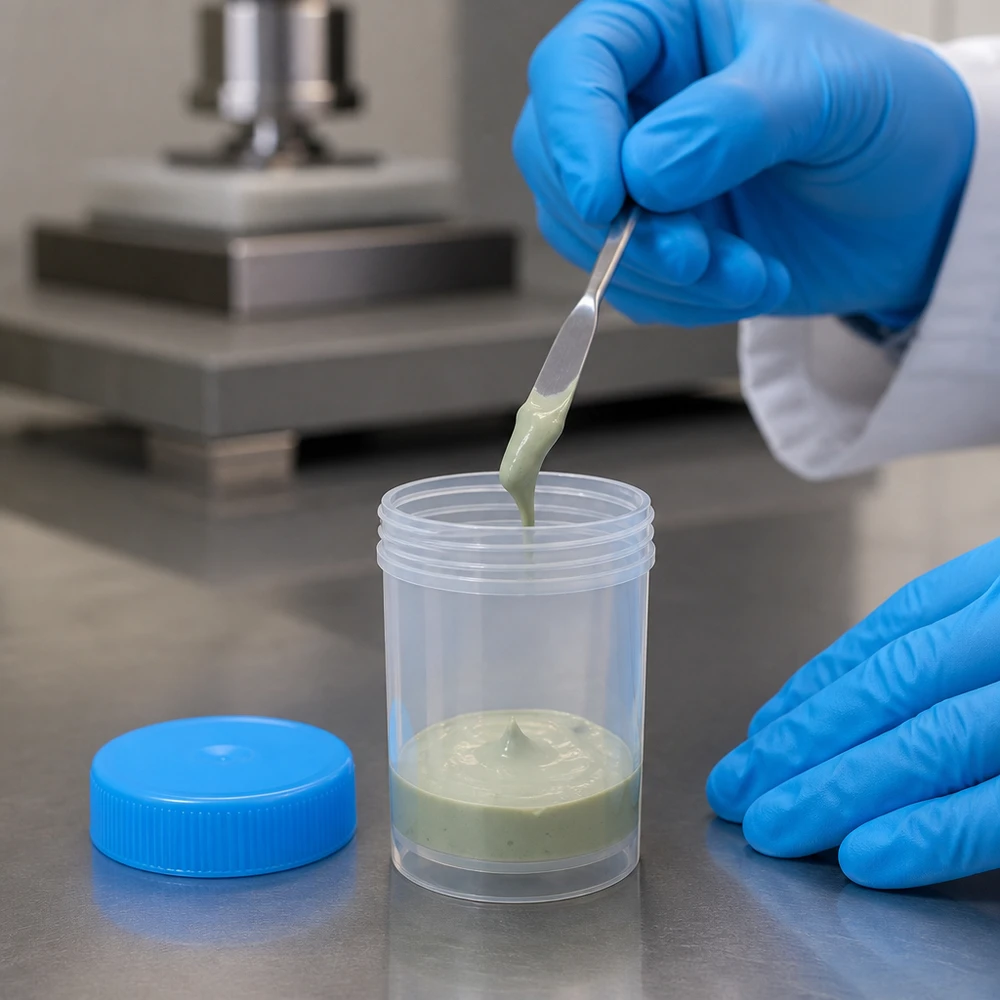 Een met een handschoen beklede hand vult in een cleanroomlaboratorium een kunststof potje van 20 ml met een groenachtige crème