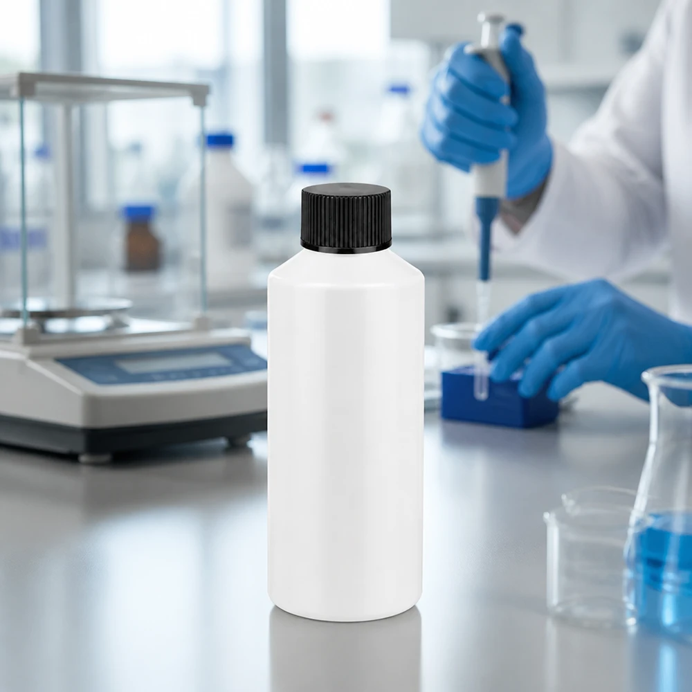 Kleine apotheekfles van HDPE, 100 ml, wit met een zwarte dop, naast een bekerglas in het laboratorium