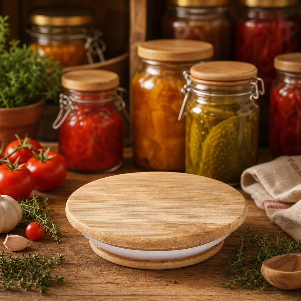 Houten deksel WECK RR80 in rustieke keuken met inmaakpotten tomaten komkommers en verse kruiden lifestyle tafereel