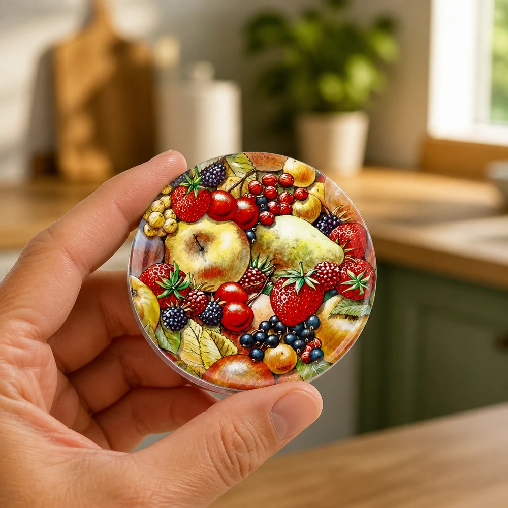 82 mm BasicSeal-deksel met fruitmotief (TO82) UNiTWIST UNiTWIST TO82 deksel 82 mm met fruitmotief, afgebeeld in de afbeelding: bessen, appels en een fruitmix