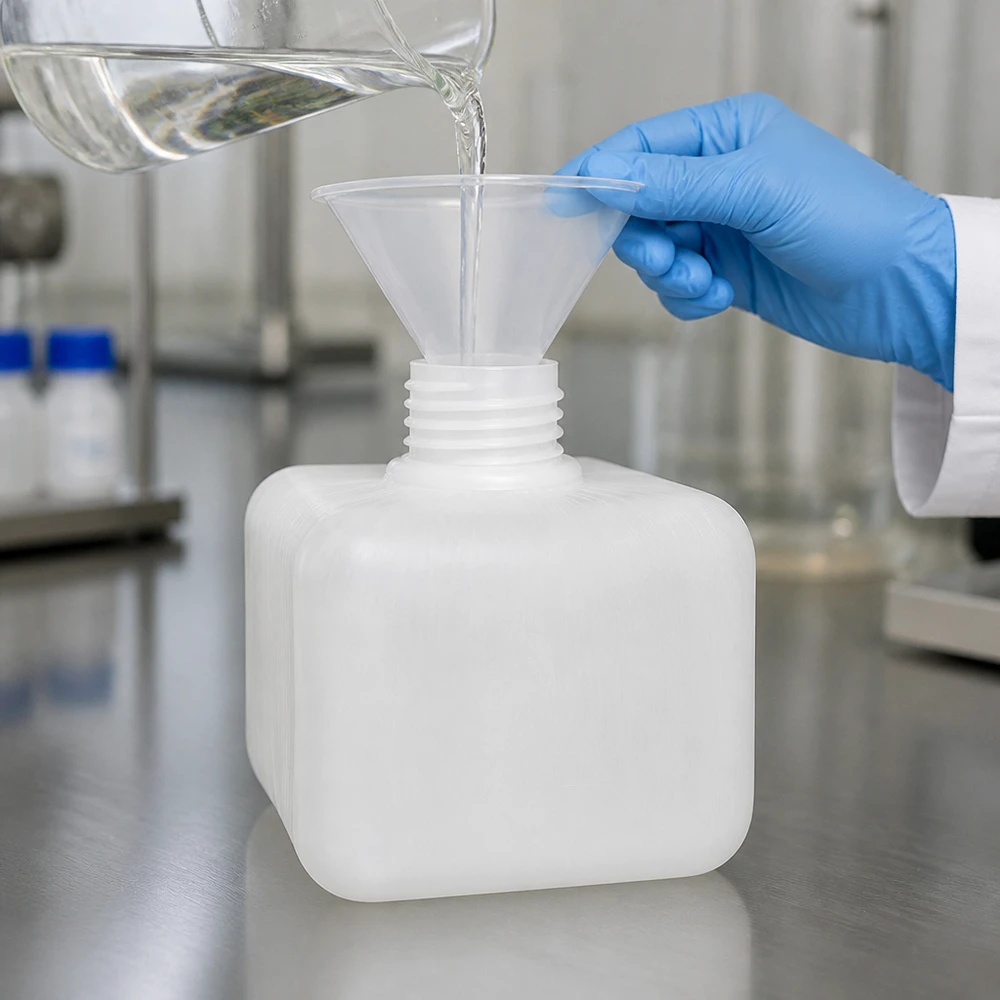 Chemicaliënfles 250 ml, nauwe hals Een laboratoriummedewerker met beschermende handschoenen vult een PE-HD-chemiefles met smalle hals van 250 ml (GL28) met behulp van een trechter
