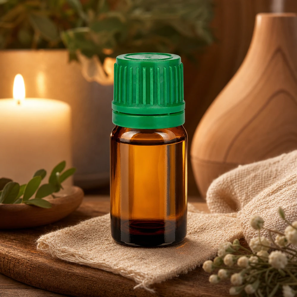 5 ml amberkleurig glazen flesje uit de BrownLine serie met groene verzegelbare dop voor veilig bewaren
