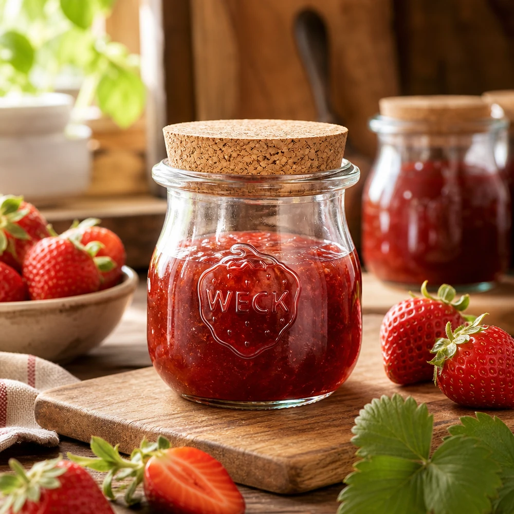 WECK tulpenpot 75ml met kurk gevuld met aardbeienjam op houten plank omringd door verse aardbeien Keukenscène