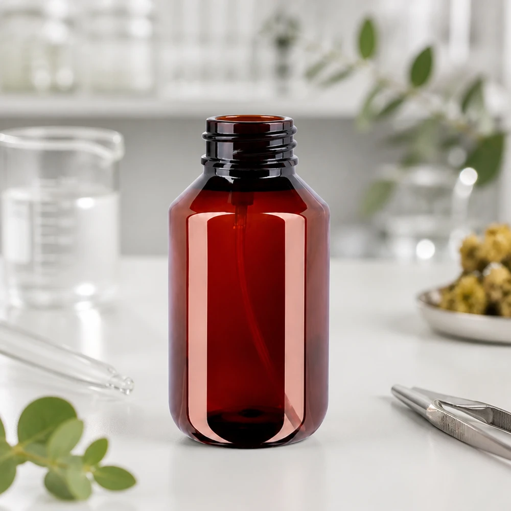 100 ml PET medicijnfles met verstuiver wit GCMI 28/410 incl. dop transparant, standaard Leere Pumpflasche 100ml PET bernsteinfarben neben Pinzette Pipette und Naturpflanzen