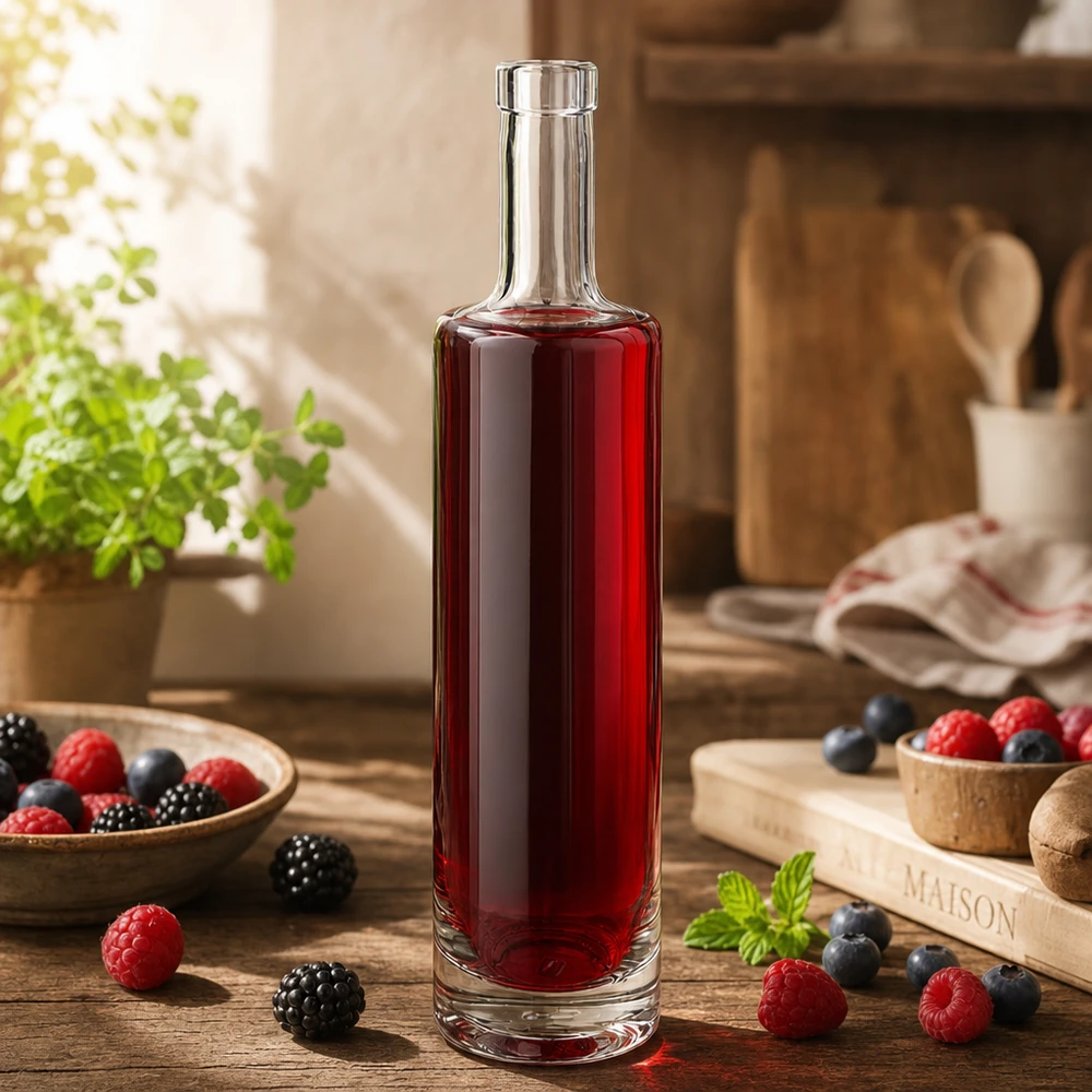 500 ml glazen fles Lina zonder sluiting UNiTWIST® 500ml Glasflasche Lina mit rotem Beerensaft in rustikaler Küche umgeben von frischen Beeren und Holzaccessoires
