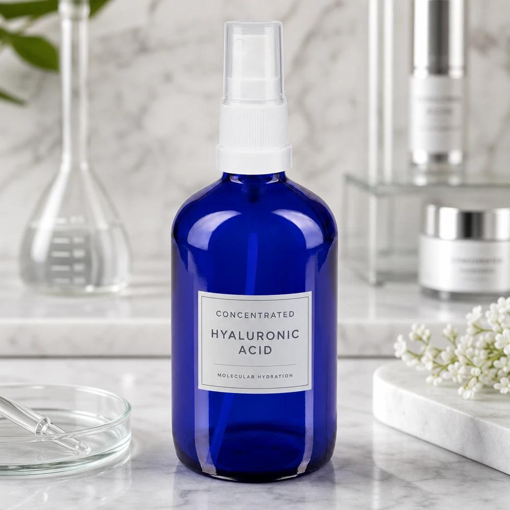 Blauwe glazen fles met UV-bescherming van 100 ml en een witte fijne verstuiver, ideaal voor serums en hydrolaten