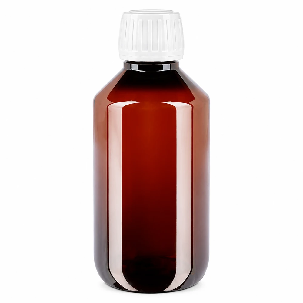 PET-fles 200ml met witte standaard OV Lichte PET-verpakkingsfles van 200 ml in apotheekbruin met een fraudebestendige witte dop
